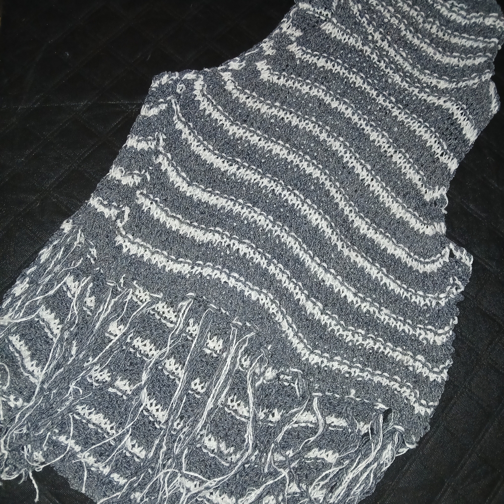 Free People Gray and White Fringe Folksong Sleeveless Crochet Sweatrr